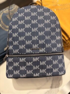 Michael Kors Denim Blue MK Monogram Rhea Backpack Medium denim new